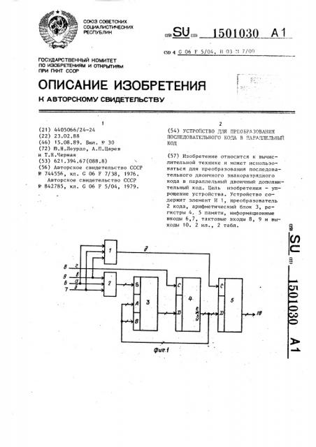 Устройство для преобразования последовательного кода в параллельный код (патент 1501030)