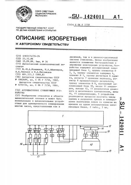 Ассоциативное суммирующее устройство (патент 1424011)