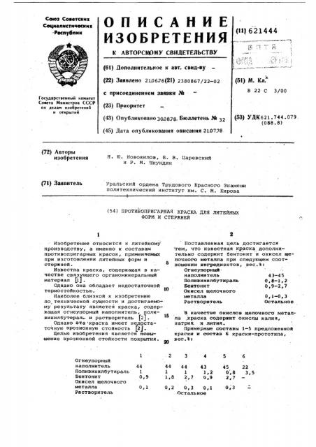 Противопригарная краска для литейных форм и стержней (патент 621444)