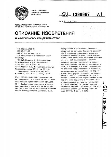 Способ нанесения покрытий из металлических порошков на внутренние поверхности цилиндрических деталей (патент 1380867)