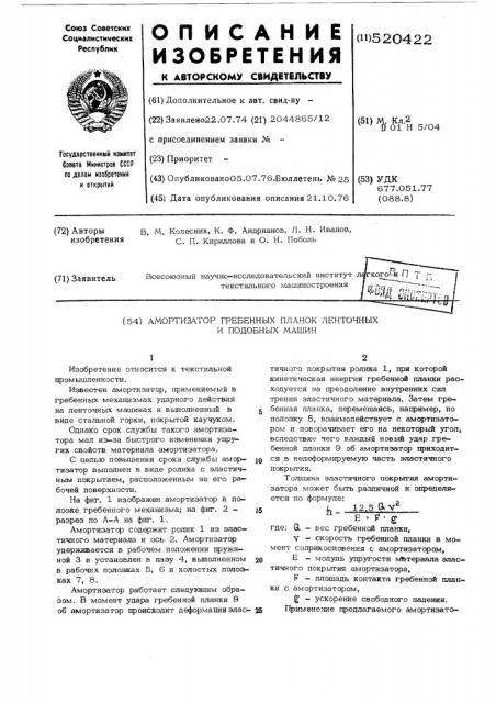 Амортизатор гребенных планок ленточных и подобных машин (патент 520422)