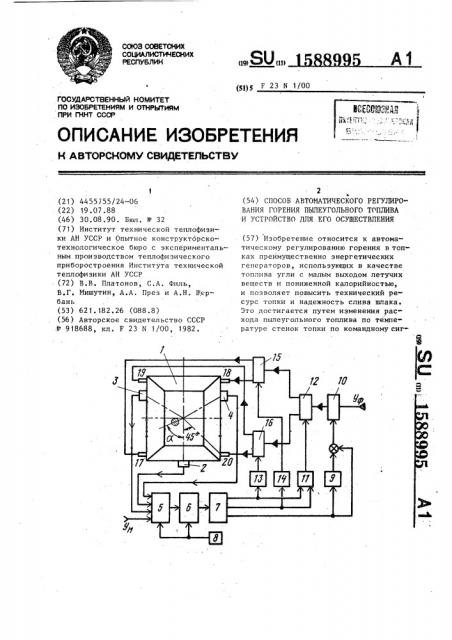 Способ автоматического регулирования горения пылеугольного топлива и устройство для его осуществления (патент 1588995)