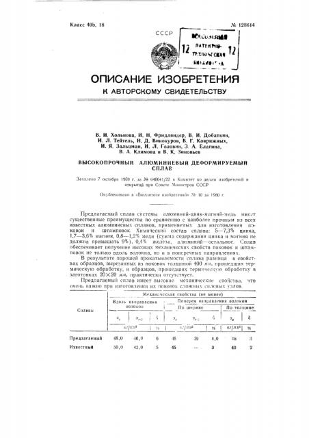 Высокопрочный алюминиевый деформируемый сплав (патент 128614)