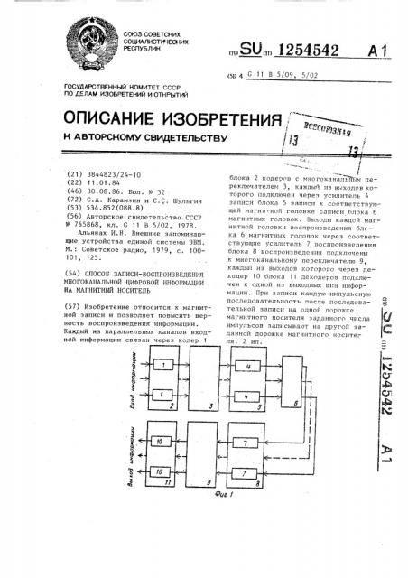 Способ записи-воспроизведения многоканальной цифровой информации на магнитный носитель (патент 1254542)