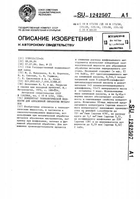 Концентрат технологической жидкости для абразивной обработки металлов (патент 1242507)