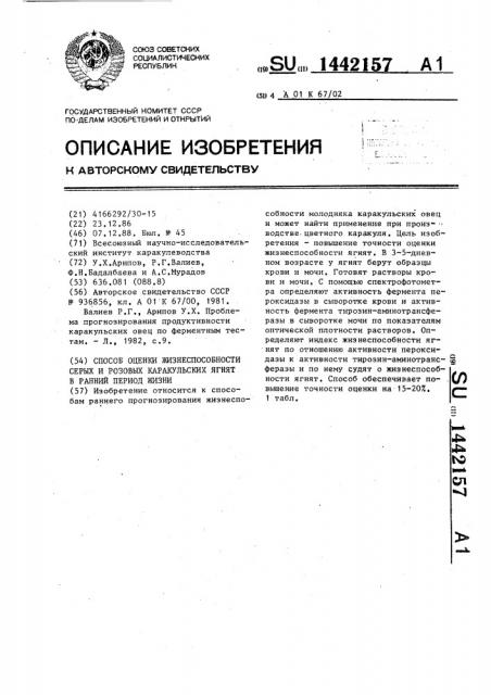 Способ оценки жизнеспособности серых и розовых каракульских ягнят в ранний период жизни (патент 1442157)