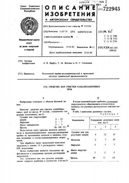 Средство для очистки канализационных труб (патент 722945)