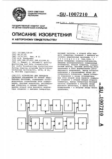 Устройство для передачи сигналов управления по каналу вещательных программ (патент 1007210)