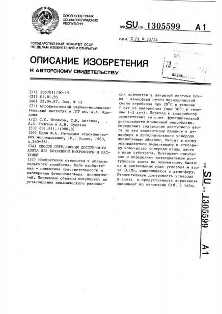 Способ определения доступности азота для почвенной микрофлоры и растений (патент 1305599)