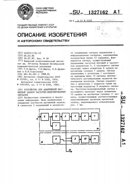 Устройство для адаптивной магнитной записи частотно- модулированных сигналов (патент 1327162)