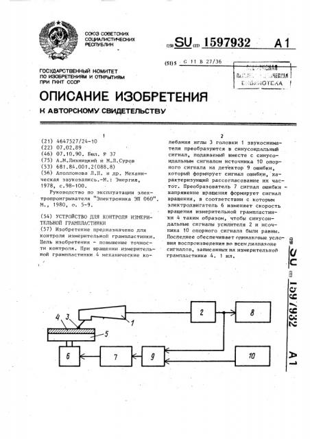 Устройство для контроля измерительной грампластинки (патент 1597932)