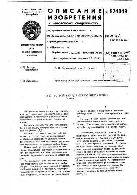Устройство для остеосинтеза шейки бедра (патент 874049)
