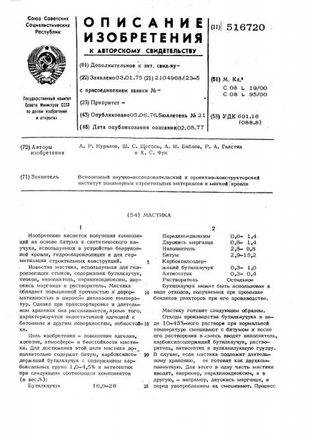 Мастика (патент 516720)