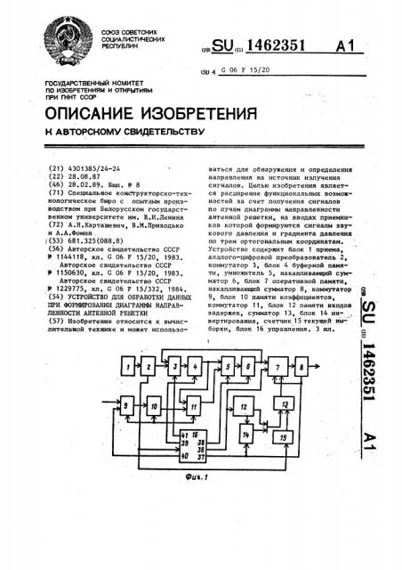 Устройство для обработки данных при формировании диаграммы направленности антенной решетки (патент 1462351)