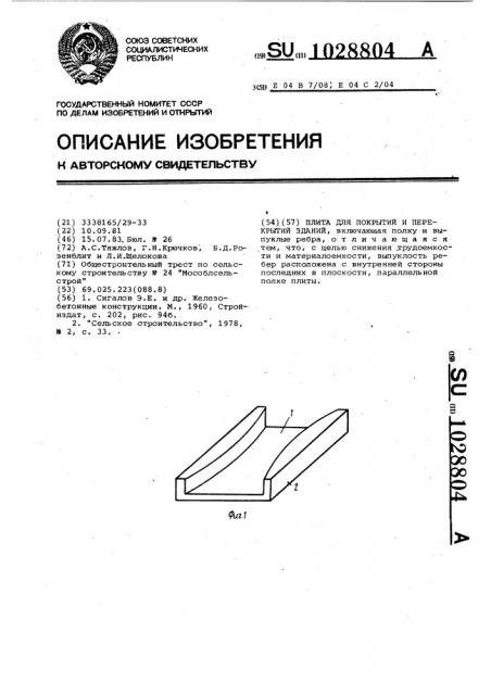 Плита для покрытий и перекрытий зданий (патент 1028804)