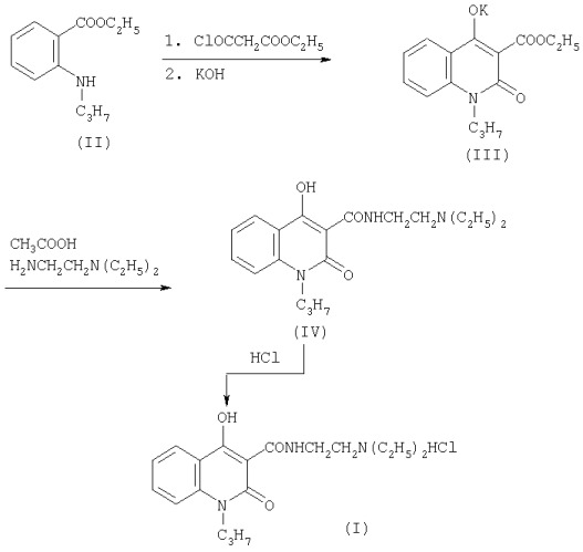 Способ получения гидрохлорида диэтиламиноэтиламида 1-пропил-2-оксо-4-гидроксихинолин-3-карбоновой кислоты (хиноксикаина) (патент 2285692)