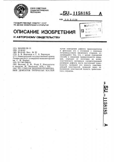 Способ эндопротезирования дефектов трубчатых костей (патент 1158185)