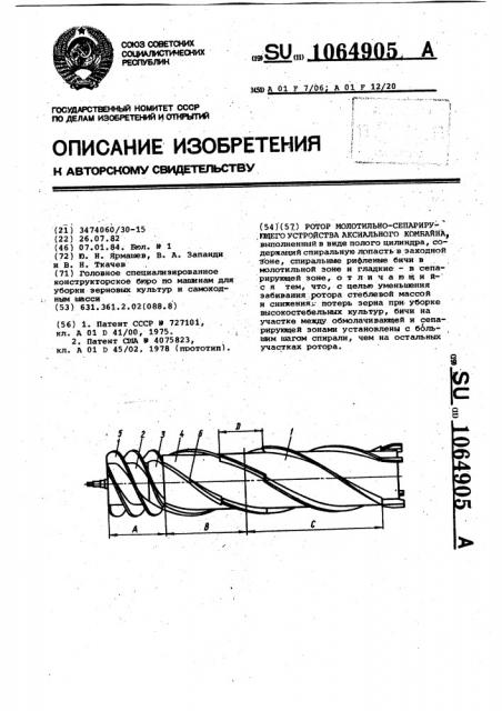 Ротор молотильно-сепарирующего устройства аксиального комбайна (патент 1064905)