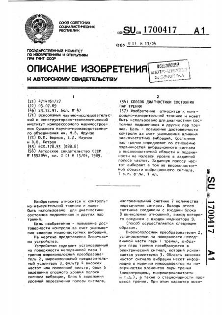 Способ диагностики состояния пар трения (патент 1700417)