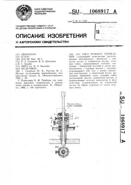 Узел ручного управления (патент 1068917)