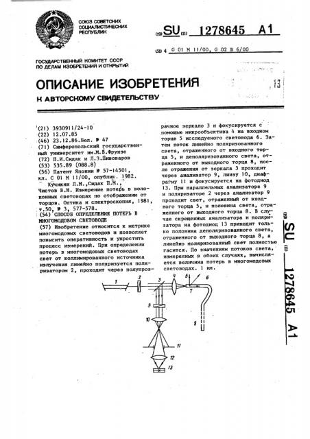 Способ определения потерь в многомодовом световоде (патент 1278645)