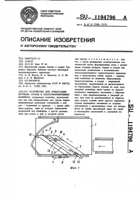 Устройство для ориентации штучных грузов в пакетоформирующих машинах (патент 1194796)