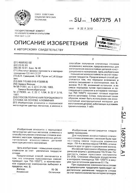 Способ получения порошкового сплава на основе алюминия (патент 1687375)