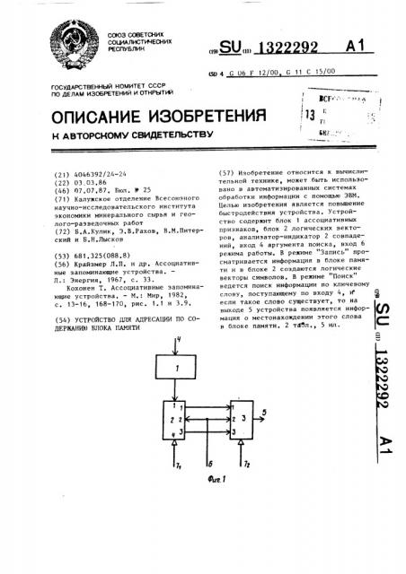 Устройство для адресации по содержанию блока памяти (патент 1322292)