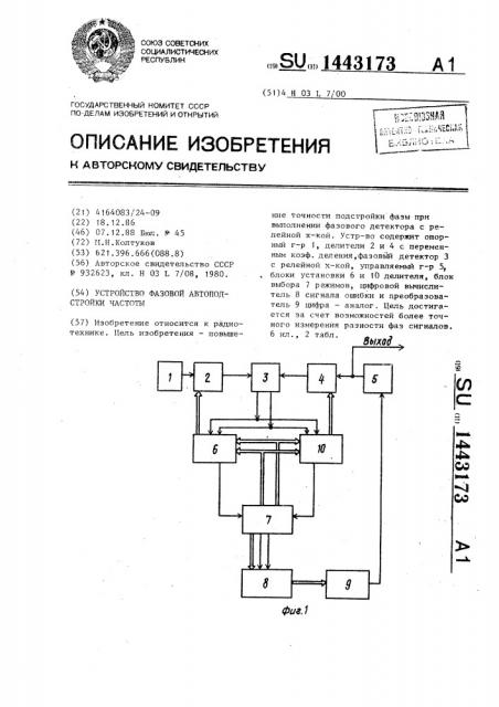 Устройство фазовой автоподстройки частоты (патент 1443173)