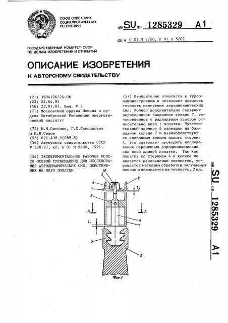 Экспериментальное рабочее колесо осевой турбомашины для исследования аэродинамических сил,действующих на перо лопатки (патент 1285329)