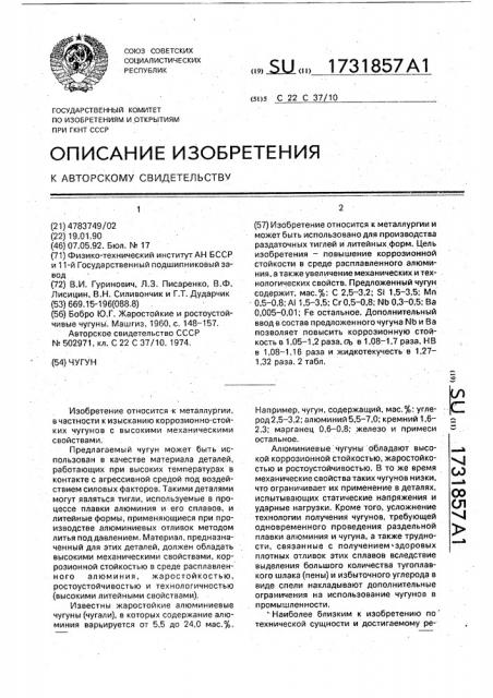 Чугун (патент 1731857)
