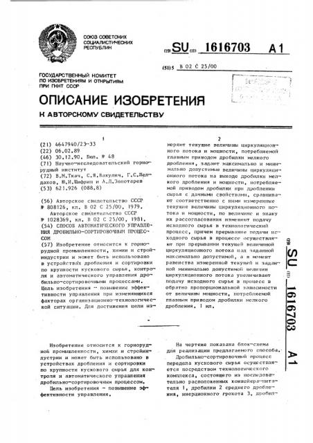 Способ автоматического управления дробильно-сортировочным процессом (патент 1616703)