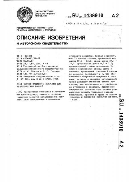 Состав защитного покрытия для металлических ковшей (патент 1438910)