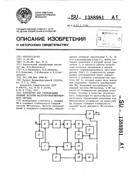 Устройство для стабилизации средней частоты частотно- модулированного сигнала (патент 1388981)