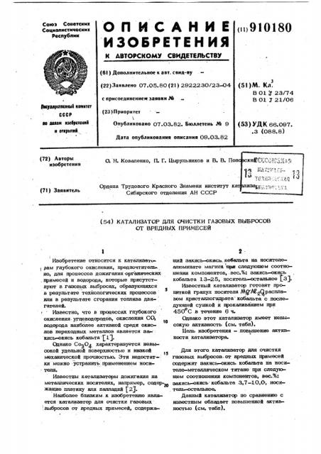 Катализатор для очистки газовых выбросов от вредных примесей (патент 910180)