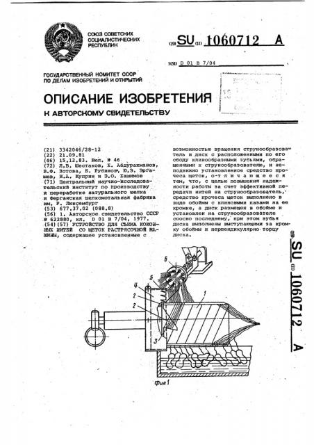 Устройство для съема коконных нитей со щеток растрясочной машины (патент 1060712)
