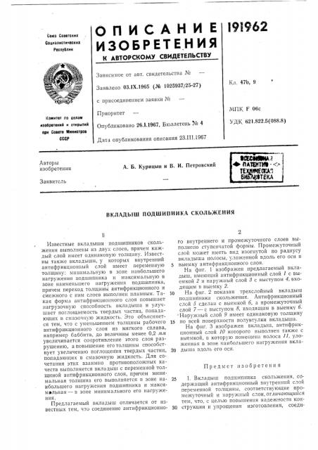 Вкладыш подшипника скольжения (патент 191962)