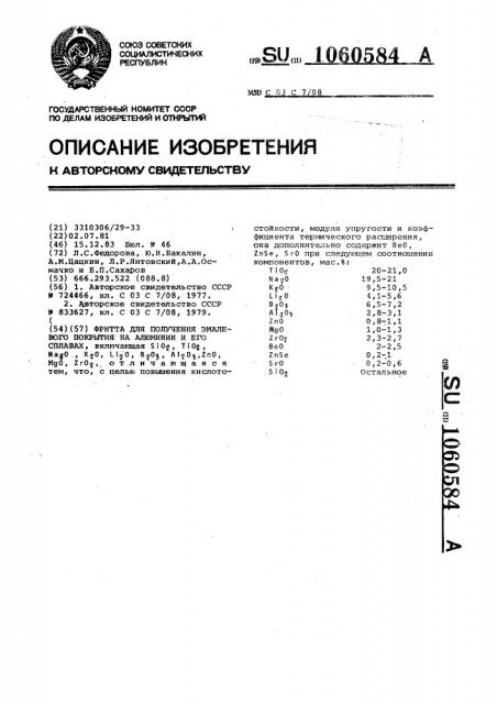 Фритта для получения эмалевого покрытия на алюминии и его сплавах (патент 1060584)