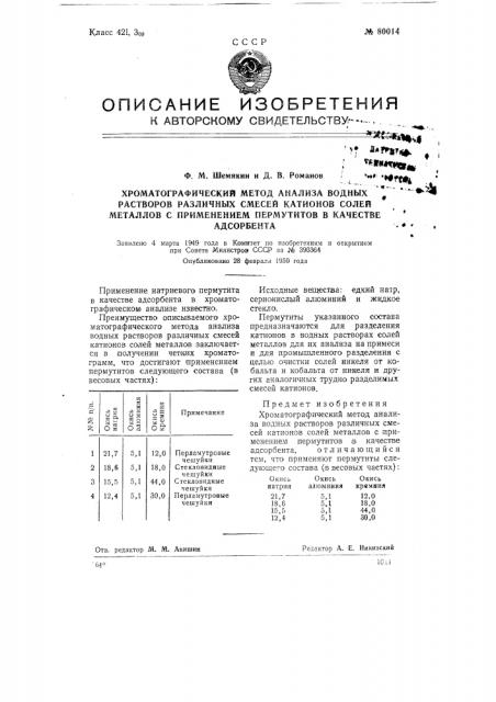 Хроматографический метод анализа водных растворов различных смесей катионов солей металлов с применением пермутитов в качестве адсорбента (патент 80014)