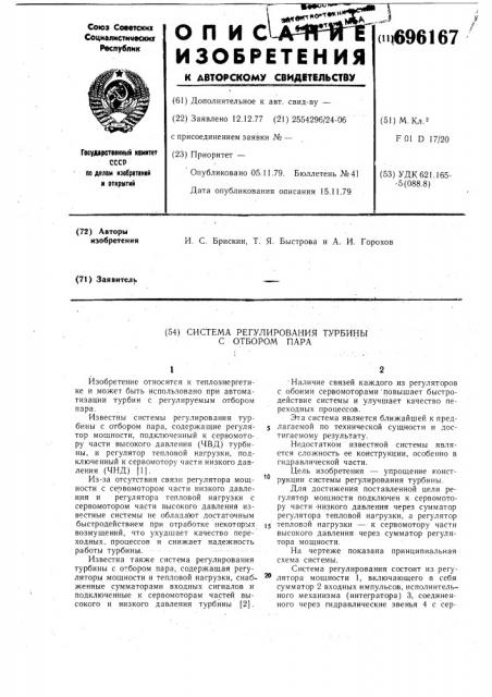 Система регулирования турбины с отбором пара (патент 696167)