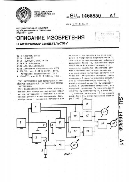 Устройство для измерения параметров предельной статической петли гистерезиса (патент 1465850)