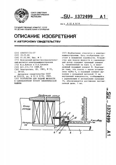 Устройство для подачи жидкости к самонапорному ротору электрической машины (патент 1372499)