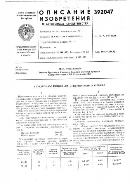 Электроизоляционный огнеупорный материал (патент 392047)