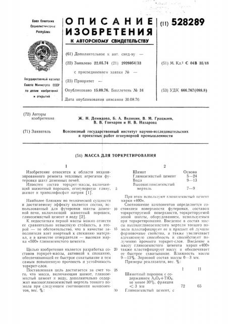 Масса для торкретирования (патент 528289)