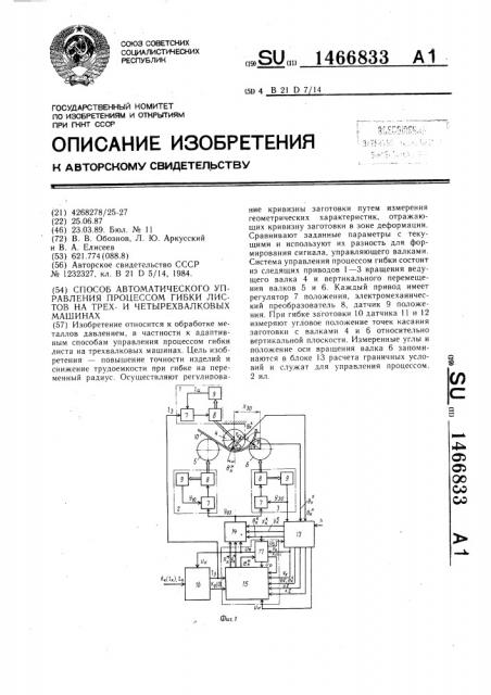 Способ автоматического управления процессом гибки листов на трехи четырехвалковых машинах (патент 1466833)