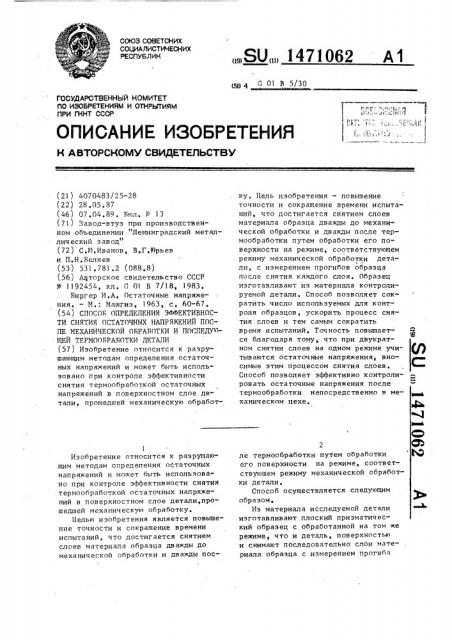 Способ определения эффективности снятия остаточных напряжений после механической обработки и последующей термообработки детали (патент 1471062)