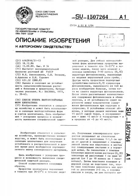 Способ отбора вилтоустойчивых форм хлопчатника (патент 1507264)