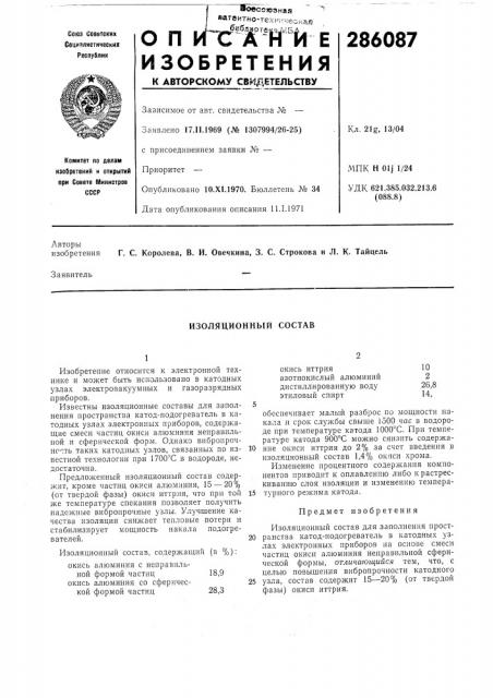 Изоляционный состав (патент 286087)