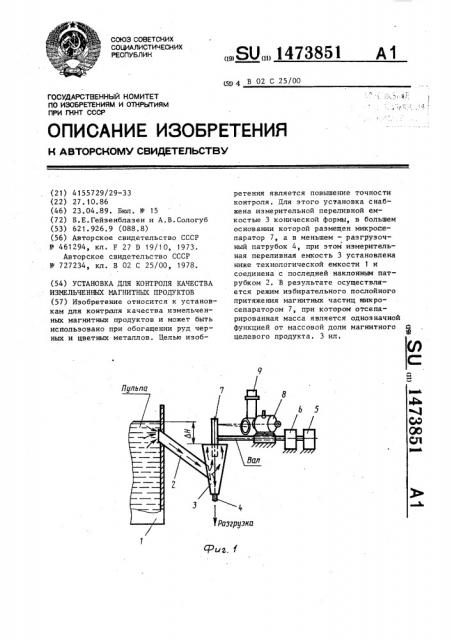 Установка для контроля качества измельченных магнитных продуктов (патент 1473851)