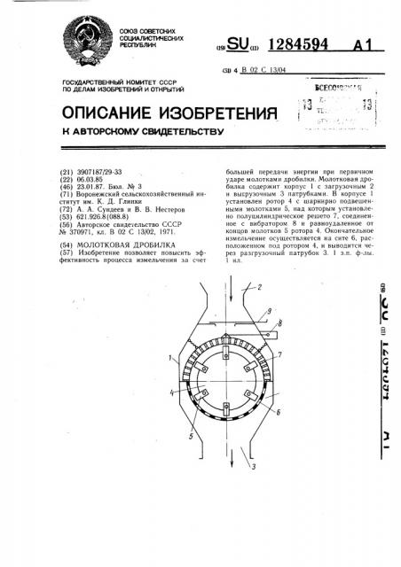 Молотковая дробилка (патент 1284594)